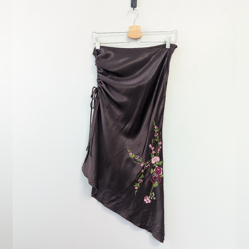 Vintage Y2K Satin Embroidered Asymmetrical Slip Skirt‎ Scrunch Fairy